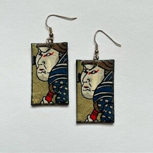 Artistic Rectangular Earrings with Japanese Musha-E Print Design